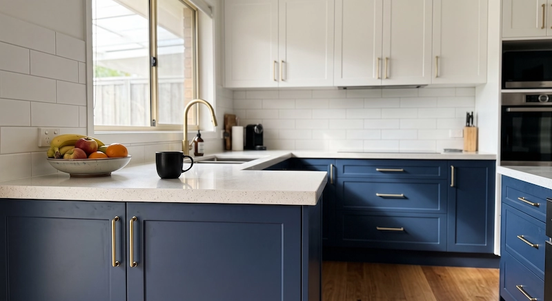 Modern kitchen featuring premium refinished lower cabinets in deep navy blue and crisp white upper cabinets.