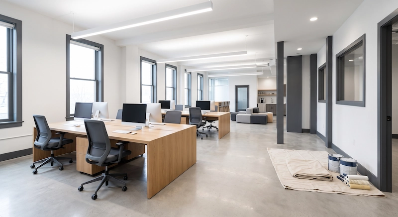 Freshly painted modern open-plan office interior with crisp white walls and charcoal grey trim, showcasing professional commercial painting
