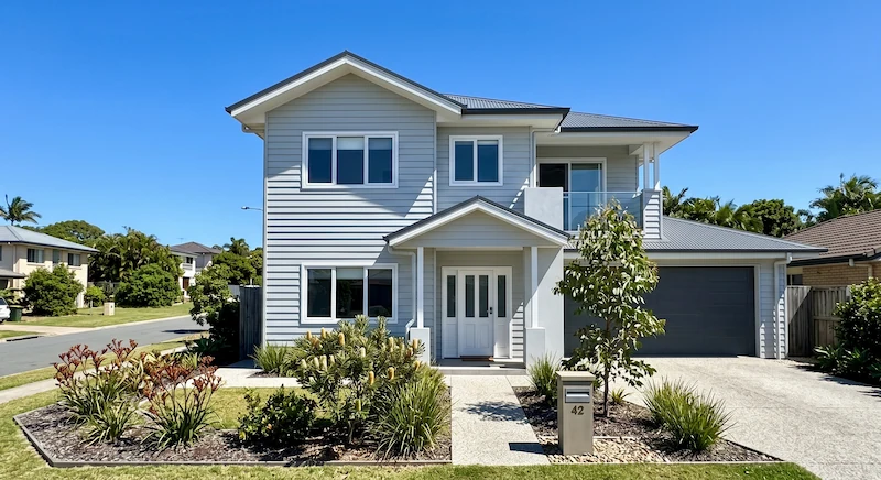 Modern Australian weatherboard house exterior freshly painted in light coastal grey with crisp white window trims.