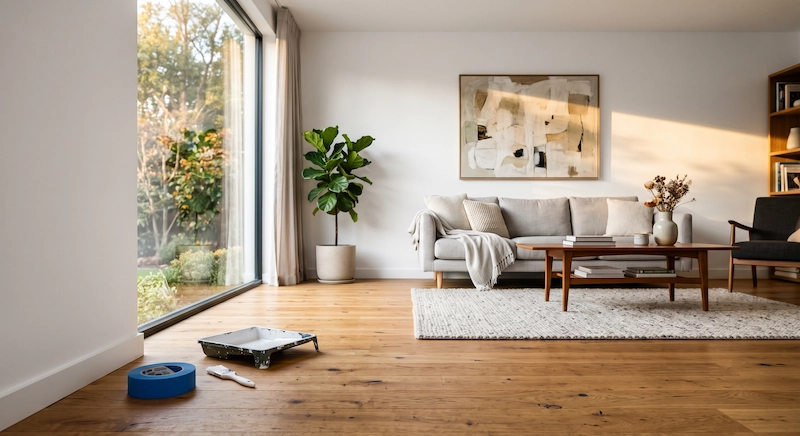 Beautifully painted interior living room with flawless matte white walls catching warm natural afternoon light.