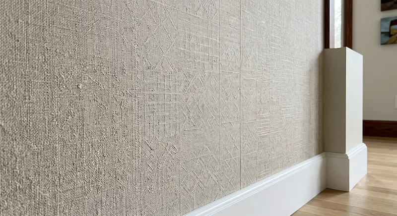Close-up of high-end textured linen wallpaper with a subtle neutral geometric pattern seamlessly installed on a feature wall.