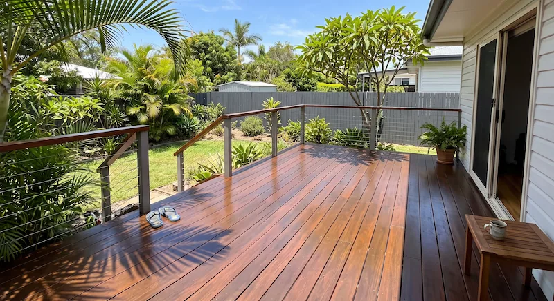Freshly stained rich brown timber deck and a modern painted timber fence in a sunny Queensland backyard.